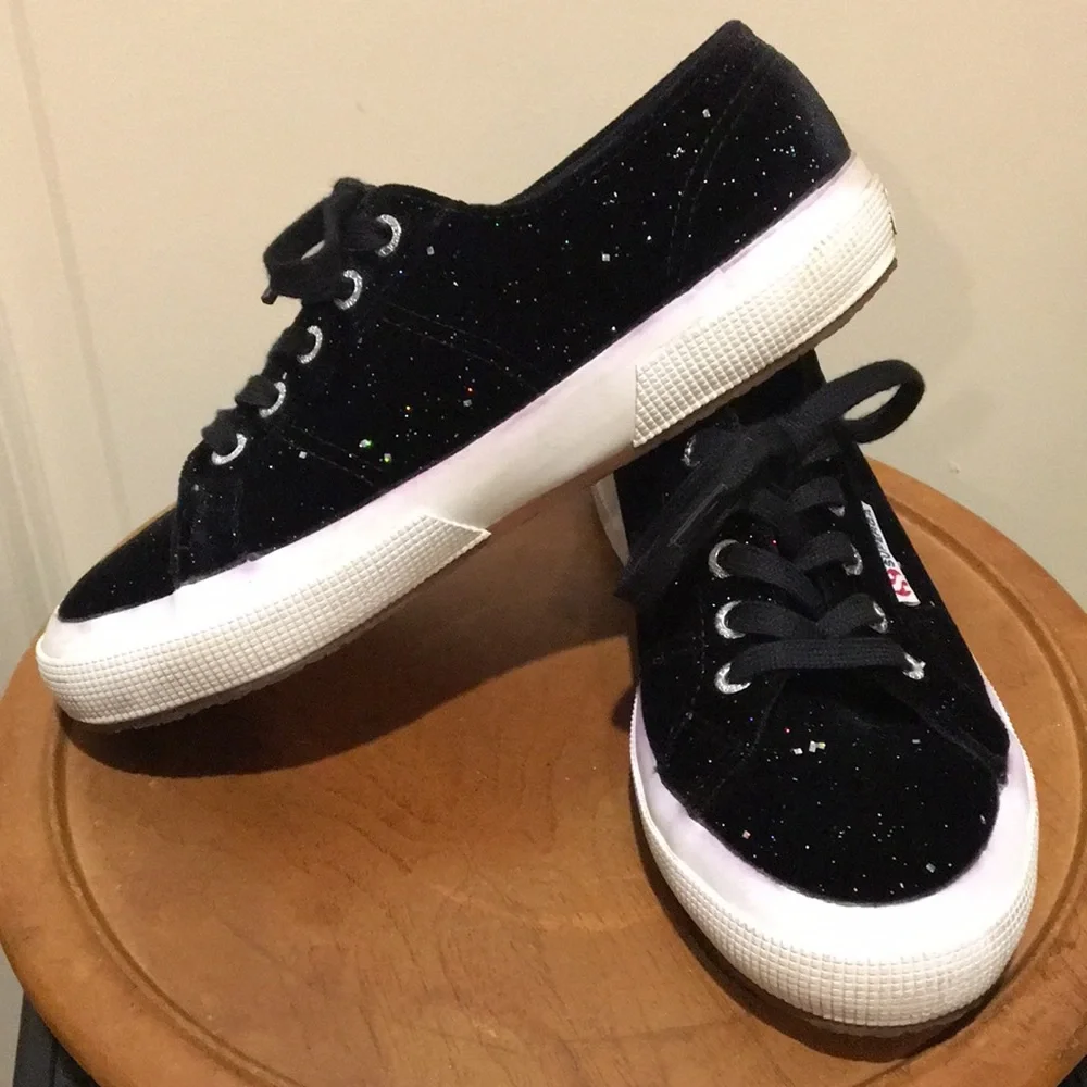 SUPERGA unisex lace up Black Velvet Glitter Sneaker shoe Size 36 (6W/ 4.5M)